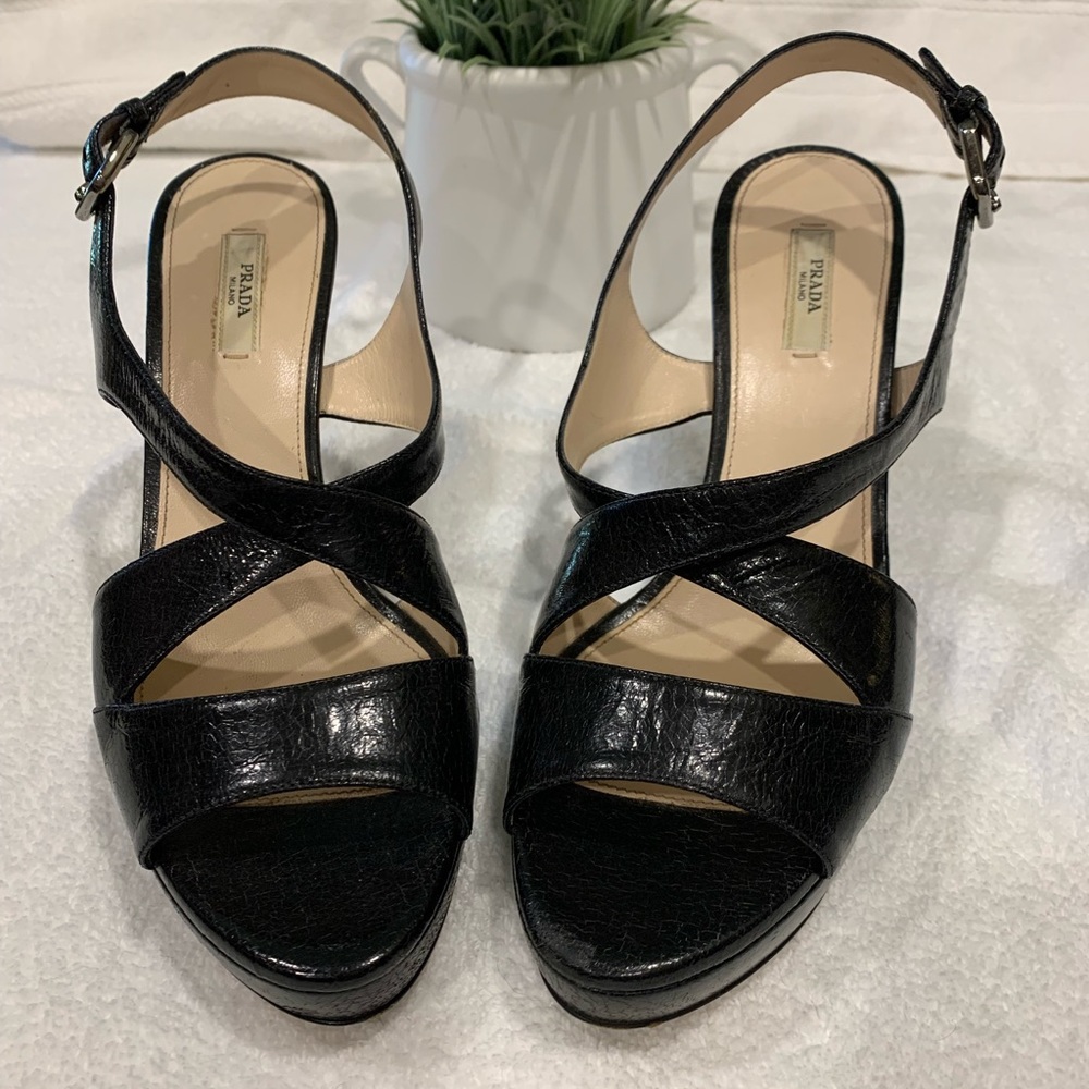 Prada black platform caged sandal/heel.